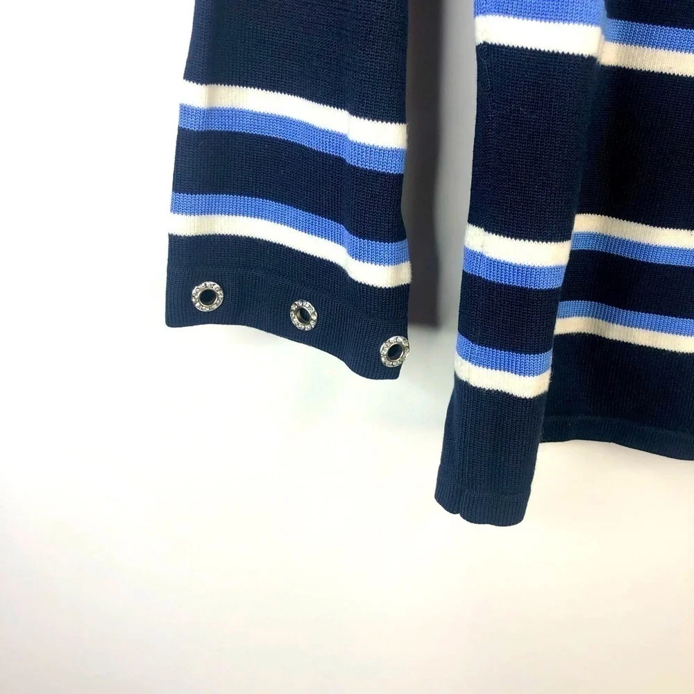 Carlisle black white blue stripe scoop neck embellished 3/4 sleeve sweater M